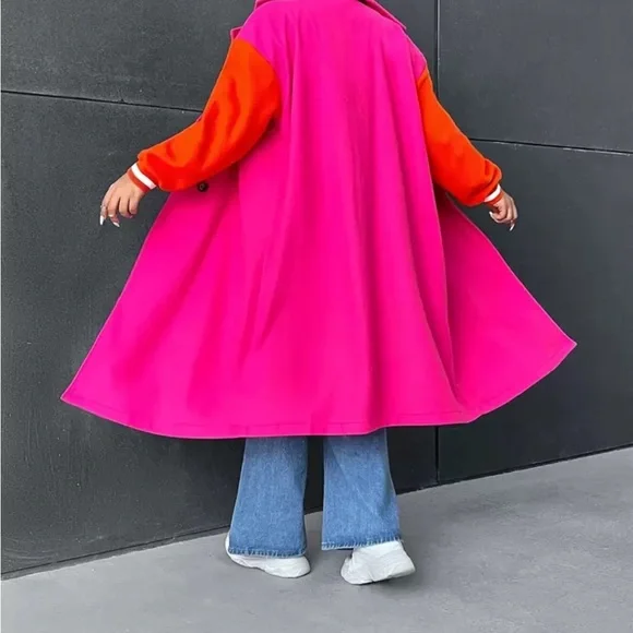 Bold Pink and Orange Trench Coat with Oversized Fit - Picture 5 of 15